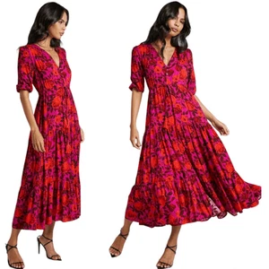 Showpo Purple & Red Floral Rayon Maxi Dress  Puff Sleeves, Tie Waist SZ 8 - Picture 1 of 14