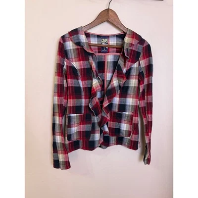 Blazer feminino Y2K Free People xadrez vermelho algodão babado mais longo 4 - Imagem 1 de 4