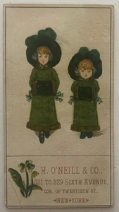 Victorian Trade Card H. O’Neill & Co New York Girls in Green Coats Bonnets - Picture 1 of 2