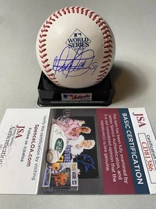 RANGERS- MARTIN PEREZ AUTOGRAPH 2023 WORLD SERIES LOGO BASEBALL JSA CD81386 - Picture 1 of 2