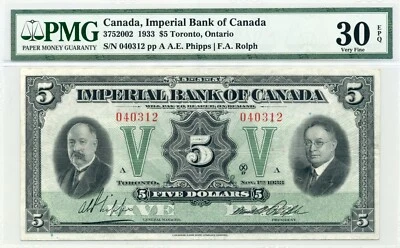 1933 $5 Imperial Bank of Canada - Choice Very Fine, PMG VF 30 - Image 1 of 2