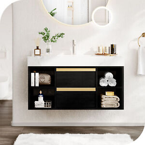 Wall Mounted Floating Cabinet 2 Drawers Bathroom Vanity Cabinet w/ Ceramic Sink