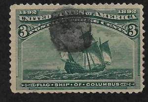 US #232 (1893) 3c Flag Ship of Columbus - Green - Used - Fine - Picture 1 of 2