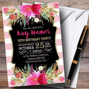 Pink & White Striped Floral 70th Personalised Birthday Party Invitations - Picture 1 of 1