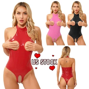 Women's Sexy Wet Look Leather Bodysuit Sleeveless Open Cup Crotchless Leotard - Picture 1 of 45