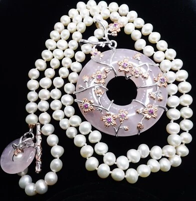 Sterling Silver Cultured Pearl Rose Quartz Large Donut Pendant Long Necklace - Image 1 of 4