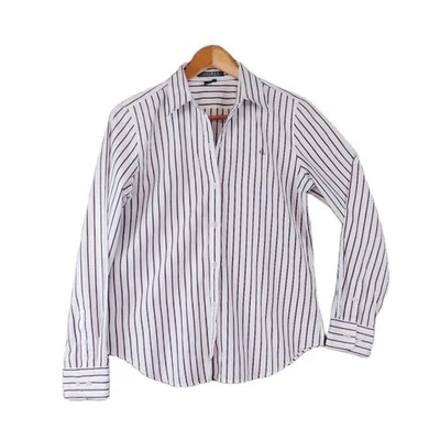 Camisa Ralph Lauren Botón Frontal Blanco Marrón Rayas 100% Algodón Mediana Foto 1 de 4