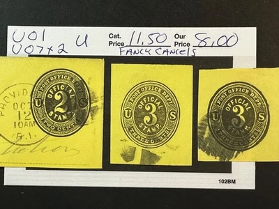 US Scott # UO 1 & UO 7 x2  Used  Cut Square 2024 Scott Catalogue Value $ 11.50 - Image 1 of 3