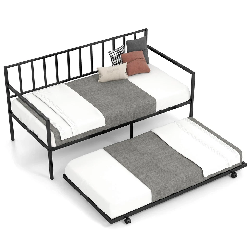 Costway Twin Metal Daybed Sofa Bed w/Trundle & Lockable Casters