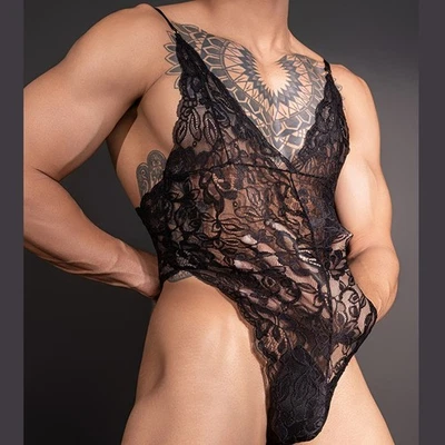 Mens Black Lace Sleeveless See Through Bodysuit Underwear Jumpsuit with Thong - image 1 of 4