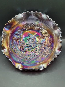 Vintage LE Smith Carnival Glas Rüschen Schale irisierend rubinrot Windmühle Muster - Bild 1 von 8