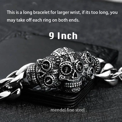 MENDEL Gótico 9 Polegadas Corrente Cubana Masculina Aço Inoxidável Pulseira Caveira de Motociclista Punk - Imagem 1 de 4