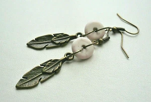FEATHER Dangle EARRINGS Antique BRONZE Cream HOWLITE Ring Bead KCJ3935 - Picture 1 of 6
