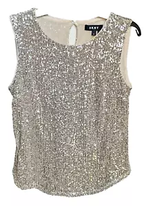Top sin mangas de lentejuelas plateadas DKNY talla PS Petite S - Imagen 1 de 5