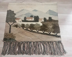 Vintage Woven Tapestry Village Wall Hanging Cottagecore Farmhouse Fringe Boho - Picture 1 of 13