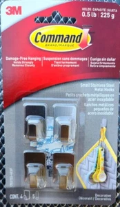 3M Command Damage Free Hanging Small Stainless Steel Metal Hooks 4 Ea Pk - Picture 1 of 5