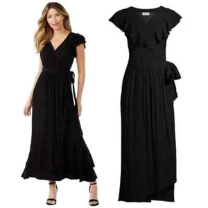 Sofia Vergara Wrap Maxi Dress Size XXX Large Black Ruffle Short Sleeves V Neck - Picture 1 of 10