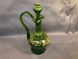 Ancienne petite carafe en verre soufflé et peinture émaillée décor de fleur - Picture 1 of 8