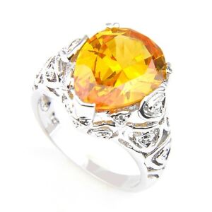 Vintage Teardrop Fire Yellow Citrine Gems Silver Rings Size 7~9 Holiday Gifts