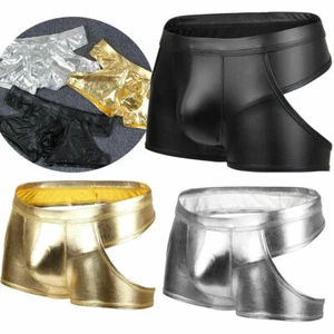 Sexy Men Gay Underwear Boxer Briefs Faux Leather Open Butt Hollow Out Underpants - Picture 1 of 20