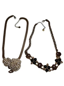 Lot Of 2 Trifari Chunky Gold And Copper Rhinestone Black Onyx Pearl Necklaces - Picture 1 of 7