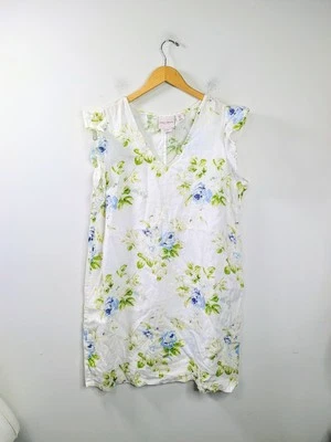 Laura Ashley 100% Linen Flutter Sleeve Tunic Dress Blue Roses XL - Image 1 of 4