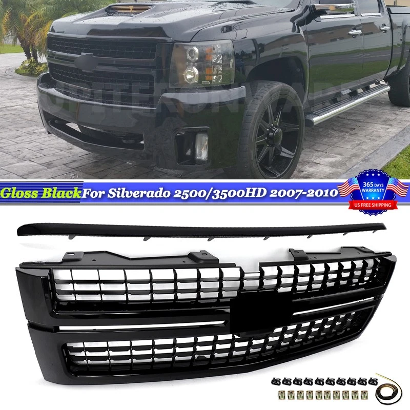 For Silverado 2500HD 07-10 Gloss Black Grille w/ Square Mesh Insert w/ Hood Trim - Imagem 1 de 4
