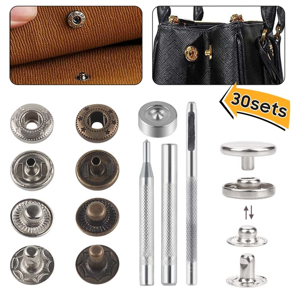 30 Sets Heavy Duty Popper Snap Fastener Press Stud Sewing Leather Craft Clothing