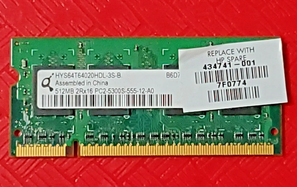 HP Pavilion Laptop Memory HYS64T64020HDL-3S-B 512MB 2RX16 PC2-5300S-555-12-A0 RA - Image 1 of 3