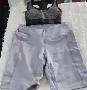Women's Set Gray Athletic Shorts W/ Padded blk/grey Sport Bra (both New & Sz Xs) - Picture 1 of 9