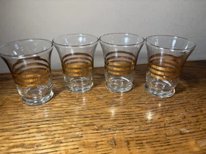 Set of 4 MCM gold striped decanter glasses, 3" - Picture 1 of 6