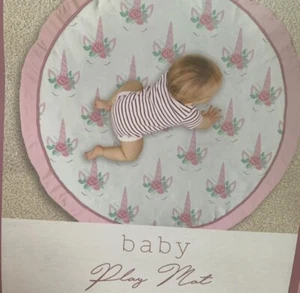 Unicorn Baby Play Mat Round Reversible Blush Rose Pink Tummy Time Blanket Pad - Picture 1 of 6