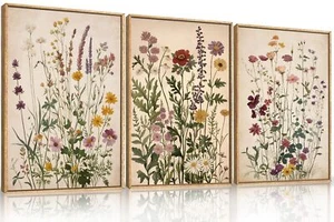 Vintage Wildflower Watercolor Framed Canvas Wall Art Set, Retro Flower Botani... - Picture 1 of 7