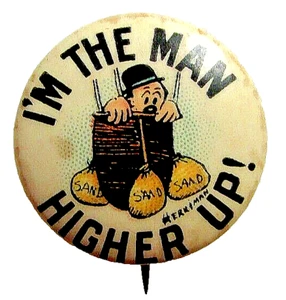 c1910 GEORGE HERRIMAN Comic Pin Button I'm The Man Higher Up Hot Air Balloon - Picture 1 of 3