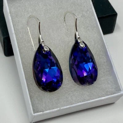 Sterling Silver Earring Teardrop Jewellery Purple Pear Austrian Crystal - Image 1 of 4