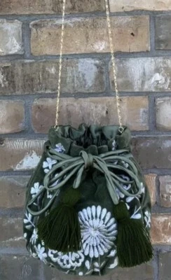 BHLDN ведро сумка сумочка вышитый через плечо бархата оливковый длинный золотой цепи - Изображение 1 из 4