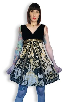 Mini Vestido de Fiesta Vintage Años 60 Dorado Metálico Lurex Negro Terciopelo Mod Talla Pequeña Foto 1 de 4