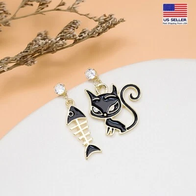 Fashion Women Creative Crystal Earrings Asymmetrical Cute Cat Fish Bone 1591 - Image 1 of 3