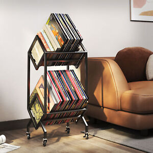 Rolling Vinyl Record Stand Storage Rack 2Tier LP Record Album Book Holder Shelf