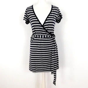 M&S Navy Blue Grey Stripe Dress Size 12 Drop Waist Wrap Style - Picture 1 of 7