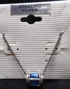 925 Necklace Glass Dark Blue Baguette Shape Stones Barrel Pendant 17" tarnished - Picture 1 of 12