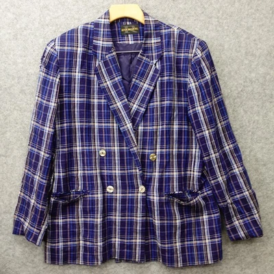 Blazer Mujer Cuadros Tartán Vintage Años 90 XL 18 Azul Lino Doble Pecho DEFECTOS Foto 1 de 4