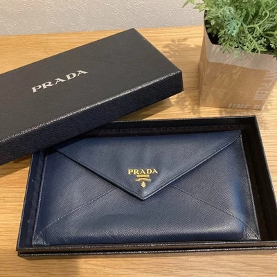 Authentic PRADA Envelope Long Wallet Saffiano Leather Gold Navy With Box - Image 1 of 4