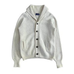 VINTAGE 70s Pendleton Wool Cardigan Sweater Men's Large Shawl Collar Beige - Picture 1 of 8