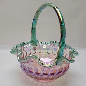 Vtg Fenton Basket Iridescent Rose Magnolia Sea Green Ruffled Signed Bill Fenton - Picture 1 of 18