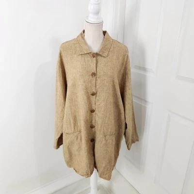 Flax Jacket Womens 22-24 Neutral Beige Linen Lagenlook Boho Tunic Button Up 2G - Image 1 of 4