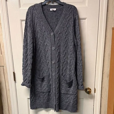 Denim & Co. Cable Knit Button Front Sweater w/ Pockets XL gray long A270337 EUC - Image 1 of 4