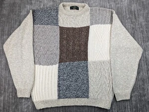 Orvis Mens Vintage Sweater Tan Brown Patchwork Cotton Cableknit Crewneck Sz L - Picture 1 of 14