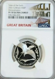 2021 GREAT BRITAIN SILVER 50 PENCE DIMORPHODON NGC PF 70 ULTRA CAMEO PERFECT - Picture 1 of 4