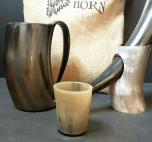 Viking Thor Horn Mug, Shot Glass, Water Horn w Holder 4pc + Burlap Bag Buffalo - Picture 1 of 7